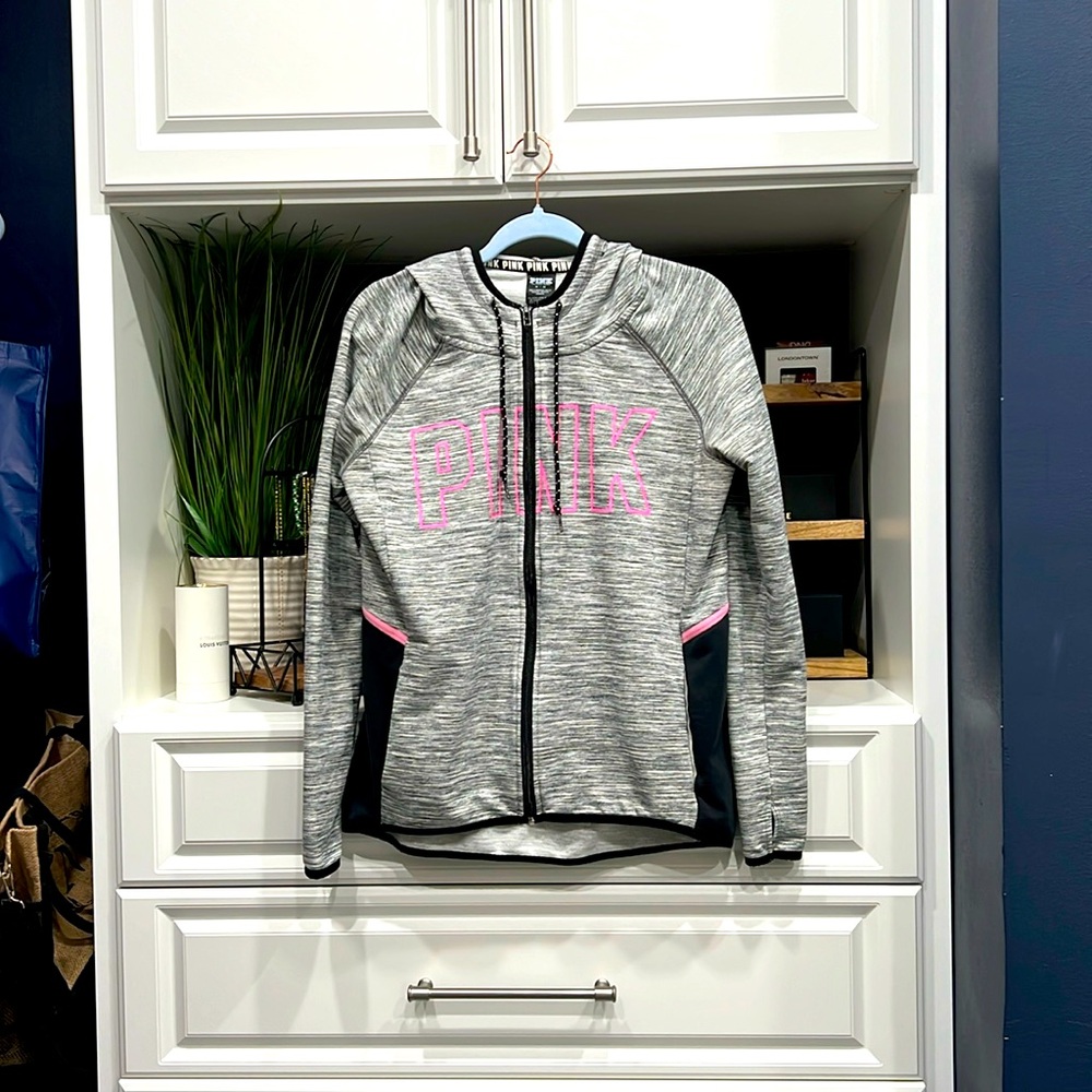 PINK Victoria Secret Jacket with hoodie SZ M  grey black pink Good condition